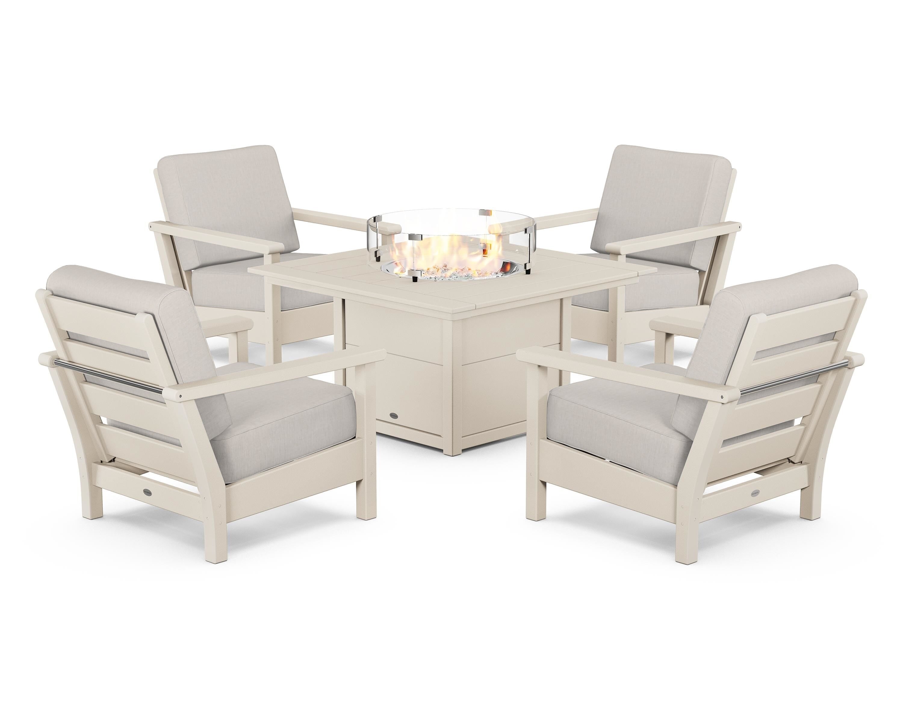 POLYWOOD® Harbour 5-Piece Conversation Set with Fire Pit Table in Sand / Cast Ash