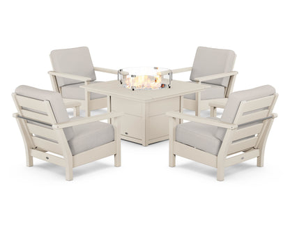 POLYWOOD® Harbour 5-Piece Conversation Set with Fire Pit Table in Sand / Cast Ash