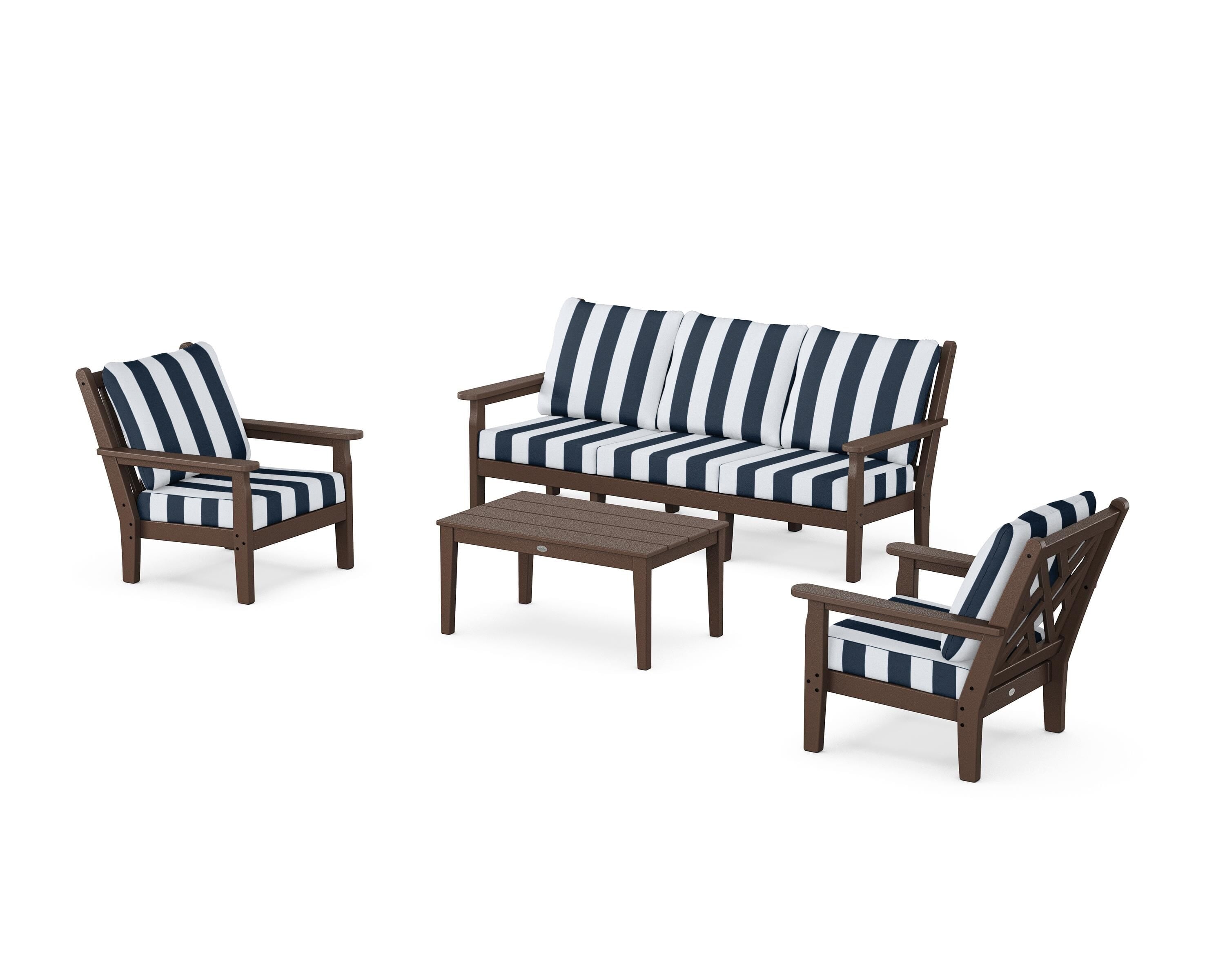 POLYWOOD® Chippendale 4-Piece Deep Seating Set with Sofa in Mahogany / Cabana Stripe Marine Indigo