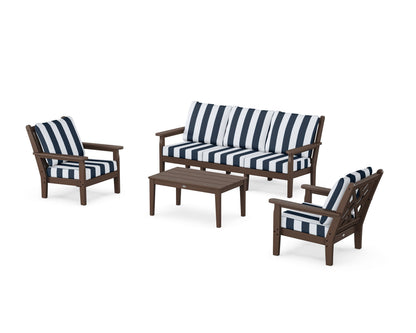 POLYWOOD® Chippendale 4-Piece Deep Seating Set with Sofa in Mahogany / Cabana Stripe Marine Indigo