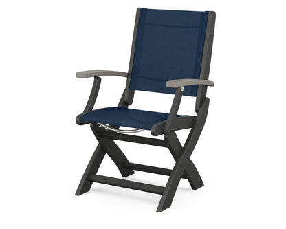 POLYWOOD® Coastal Folding Chair in Black / Driftwood / Navy Blue Sling