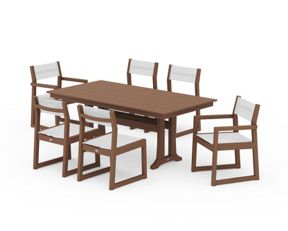 POLYWOOD® EDGE Sling 7-Piece Farmhouse Trestle Dining Set in Teak / White Sling