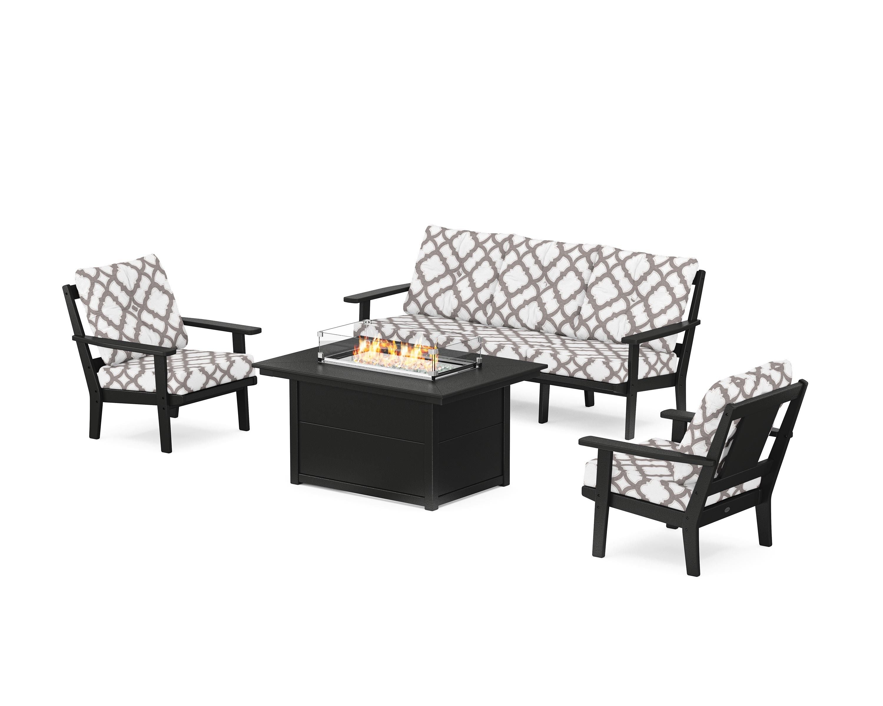 POLYWOOD® Prairie Deep Seating Fire Pit Table Set in Black / Trellis Grey Mist