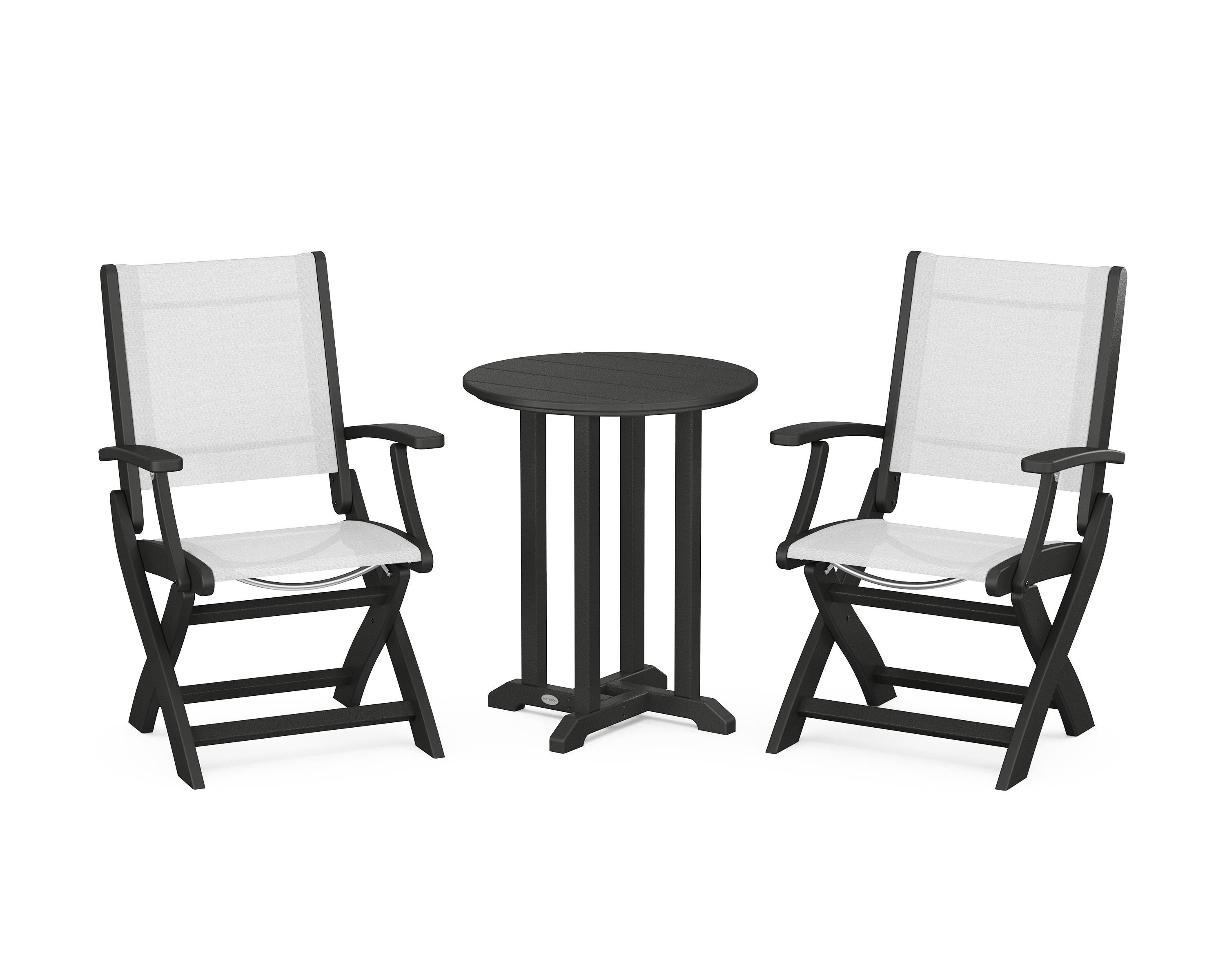 POLYWOOD® Coastal Folding 3-Piece Round Bistro Dining Set in Black / White Sling