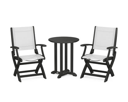 POLYWOOD® Coastal Folding 3-Piece Round Bistro Dining Set in Black / White Sling