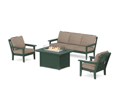 Country Living Cottage Deep Seating Fire Pit Table Set in Green / Spiced Burlap