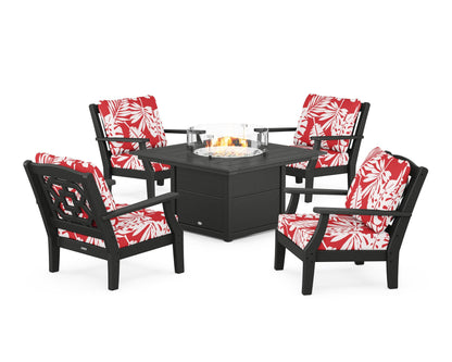 Martha Stewart by POLYWOOD® Chinoiserie 5-Piece Deep Seating Set with Fire Pit Table in Black / Leaf Crimson