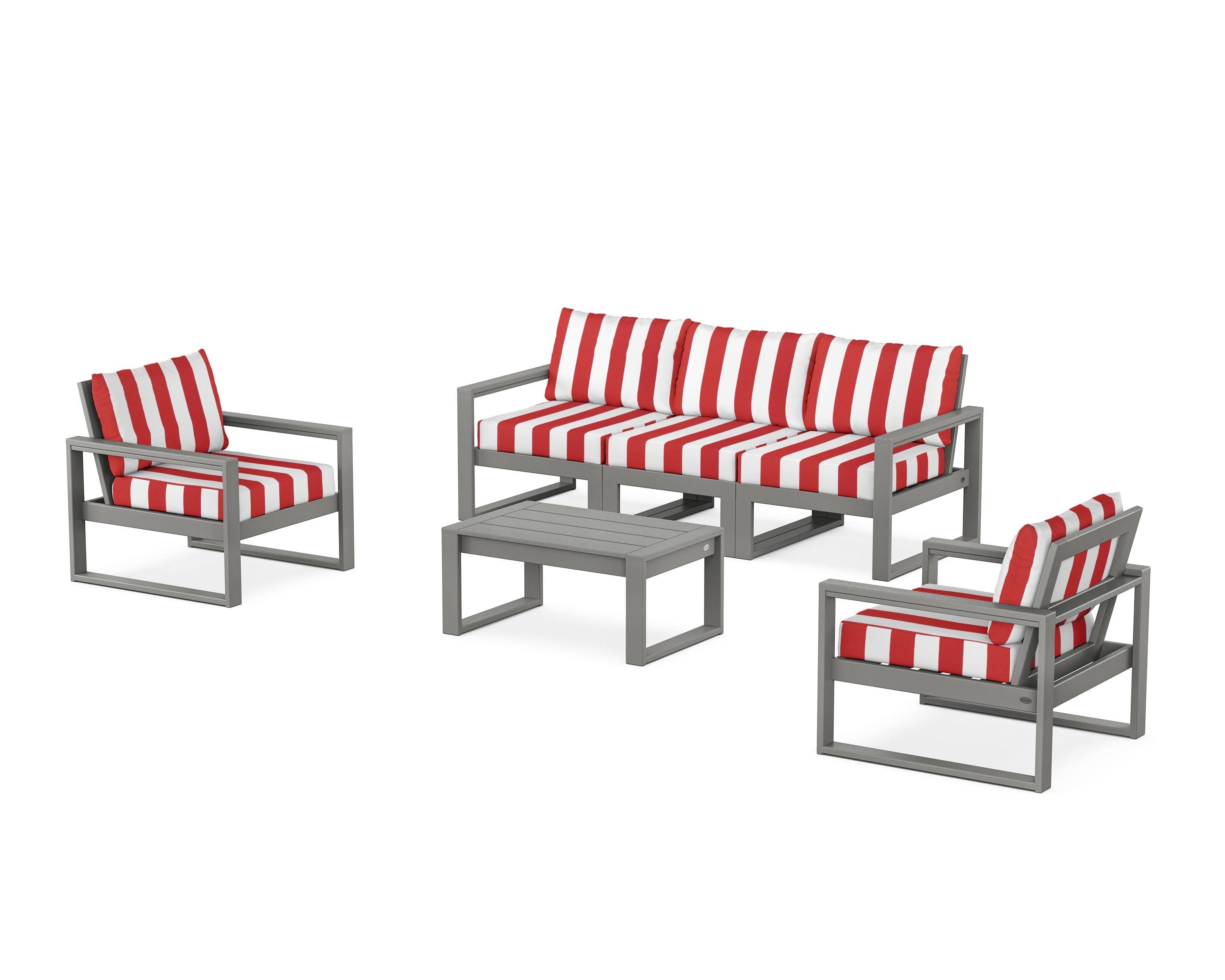 POLYWOOD® EDGE Sectional 4-Piece Deep Seating Set with Sofa in Slate Grey / Cabana Stripe Crimson