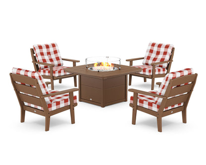 POLYWOOD® Lakeside 5-Piece Deep Seating Set with Nautical Fire Pit Table in Teak / Buffalo Plaid Crimson