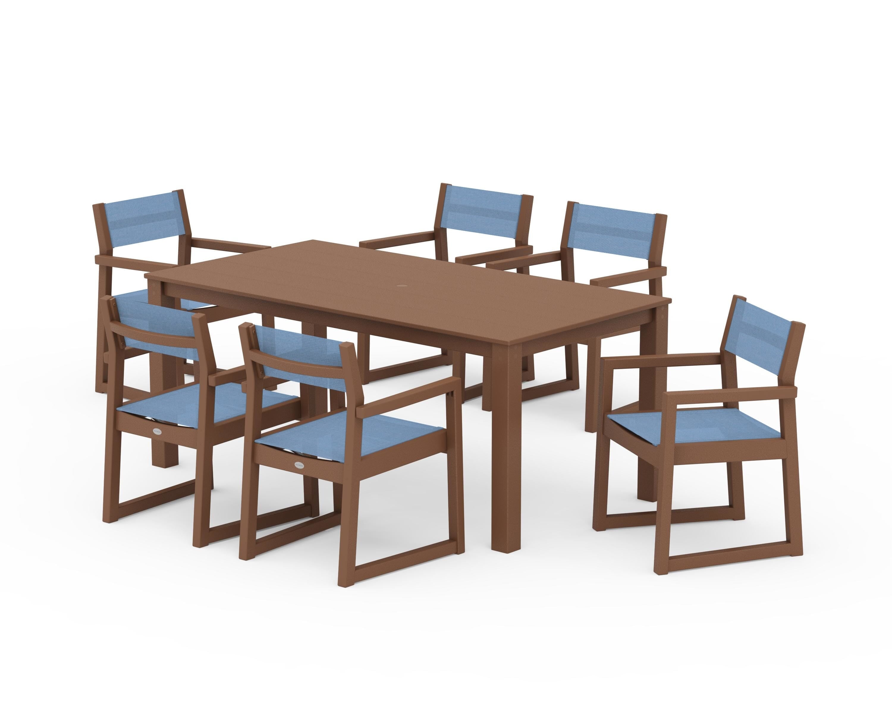 POLYWOOD® EDGE Sling Arm Chair 7-Piece Parsons Dining Set in Teak / Poolside Sling