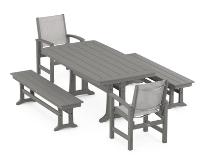 POLYWOOD® Coastal 5-Piece Dining Set with Trestle Legs and Benches in Slate Grey / Parchment Sling