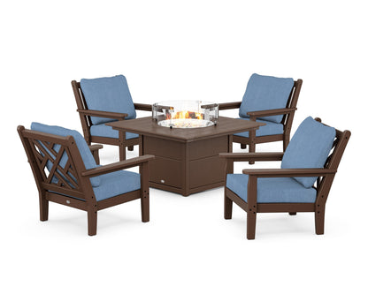 POLYWOOD® Chippendale 5-Piece Deep Seating Set with Fire Pit Table in Mahogany / Sky Blue