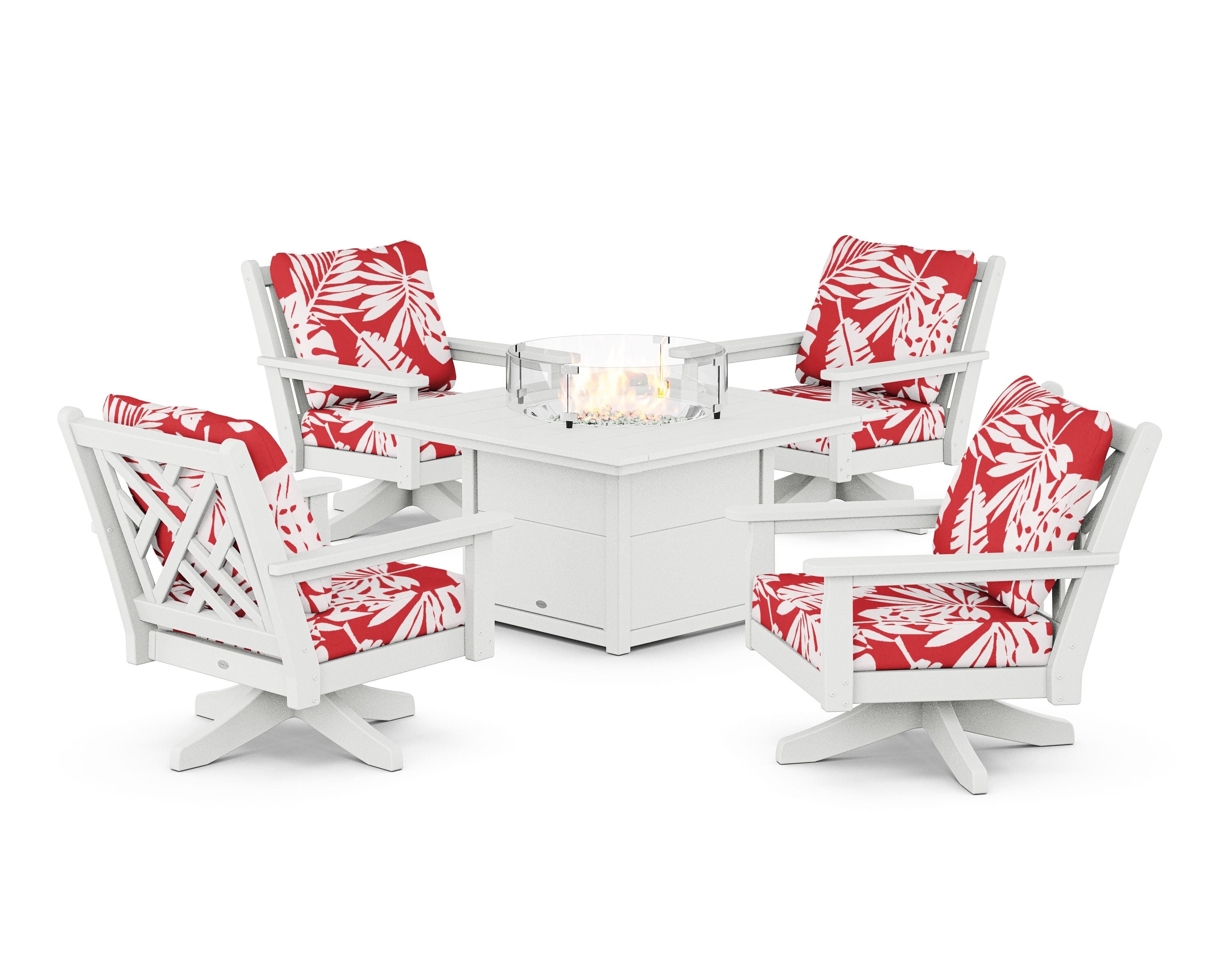 POLYWOOD® Chippendale 5-Piece Deep Seating Swivel Conversation Set with Fire Pit Table in White / Leaf Crimson
