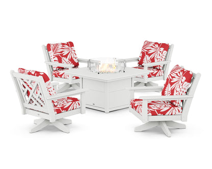 POLYWOOD® Chippendale 5-Piece Deep Seating Swivel Conversation Set with Fire Pit Table in White / Leaf Crimson