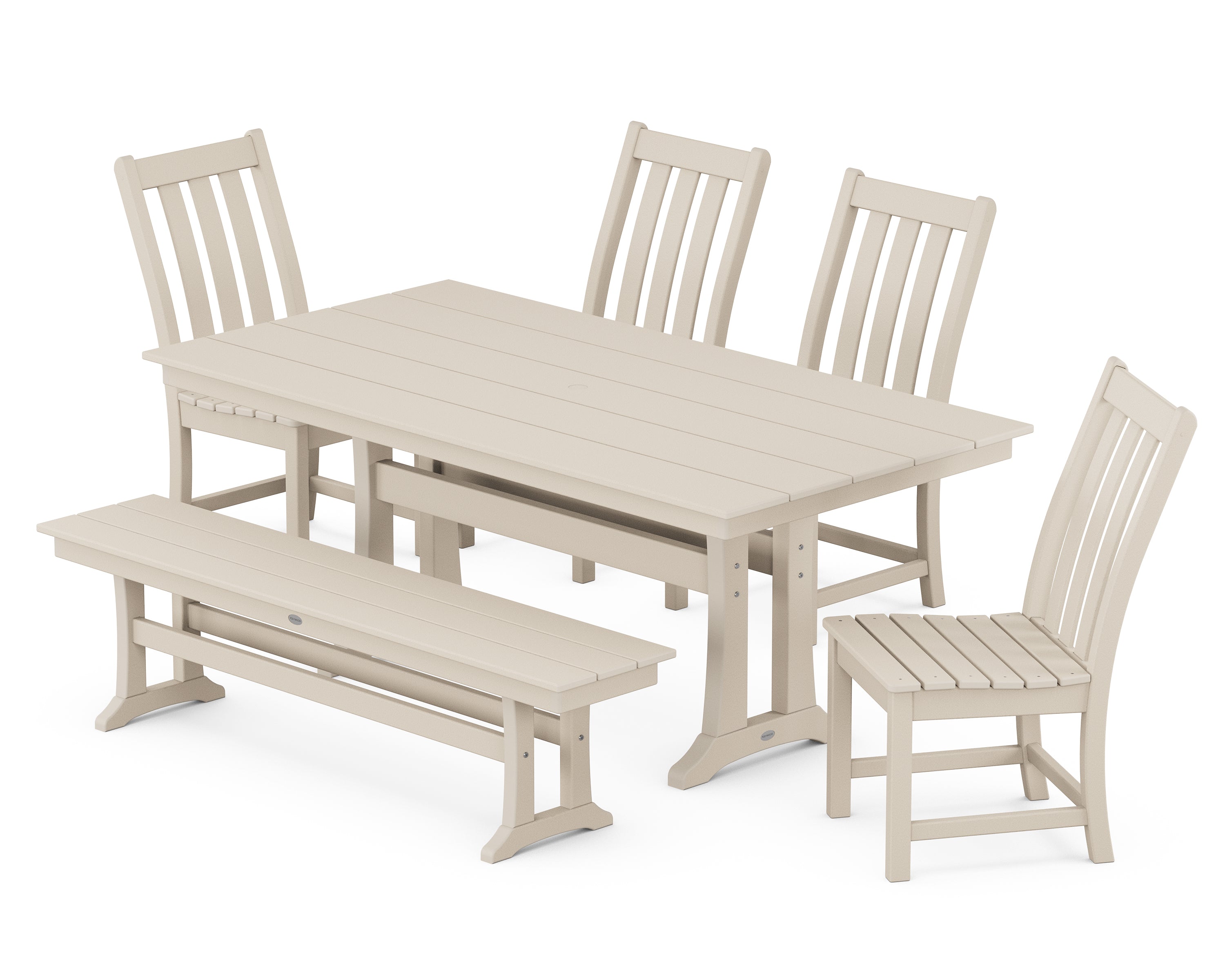 POLYWOOD® Vineyard Side Chair 6-Piece Farmhouse Dining Set with Trestle Legs and Bench in Sand