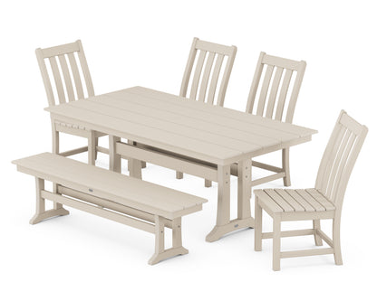 POLYWOOD® Vineyard Side Chair 6-Piece Farmhouse Dining Set with Trestle Legs and Bench in Sand