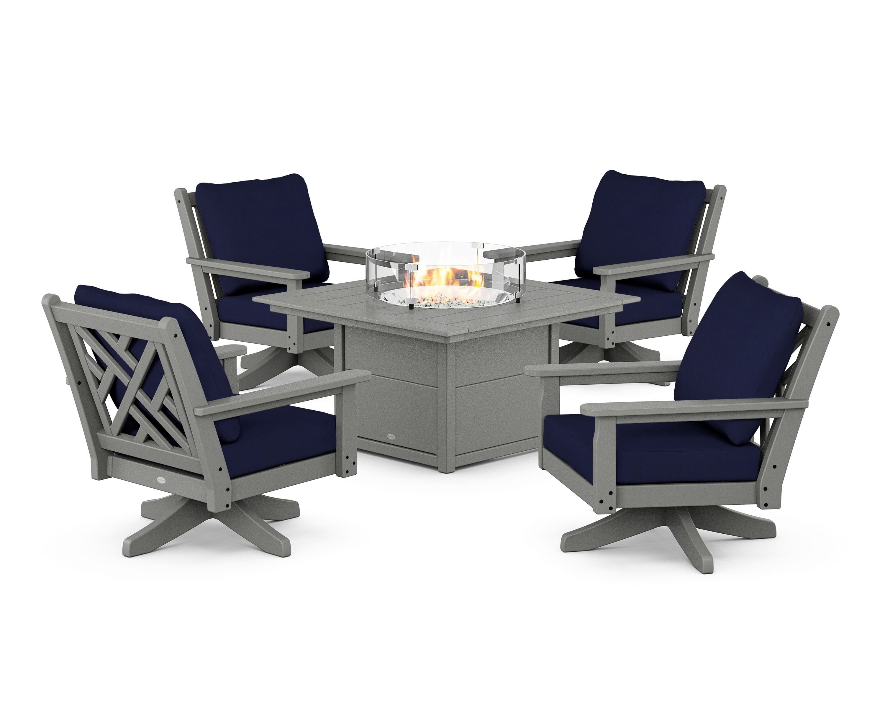 POLYWOOD® Chippendale 5-Piece Deep Seating Swivel Conversation Set with Fire Pit Table in Slate Grey / Navy