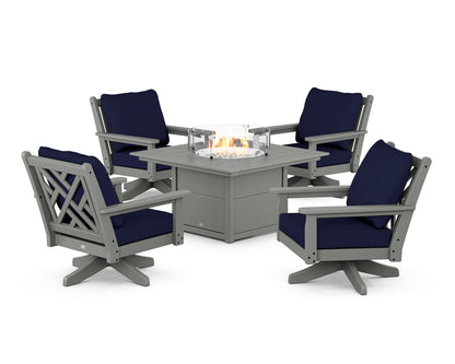 POLYWOOD® Chippendale 5-Piece Deep Seating Swivel Conversation Set with Fire Pit Table in Slate Grey / Navy