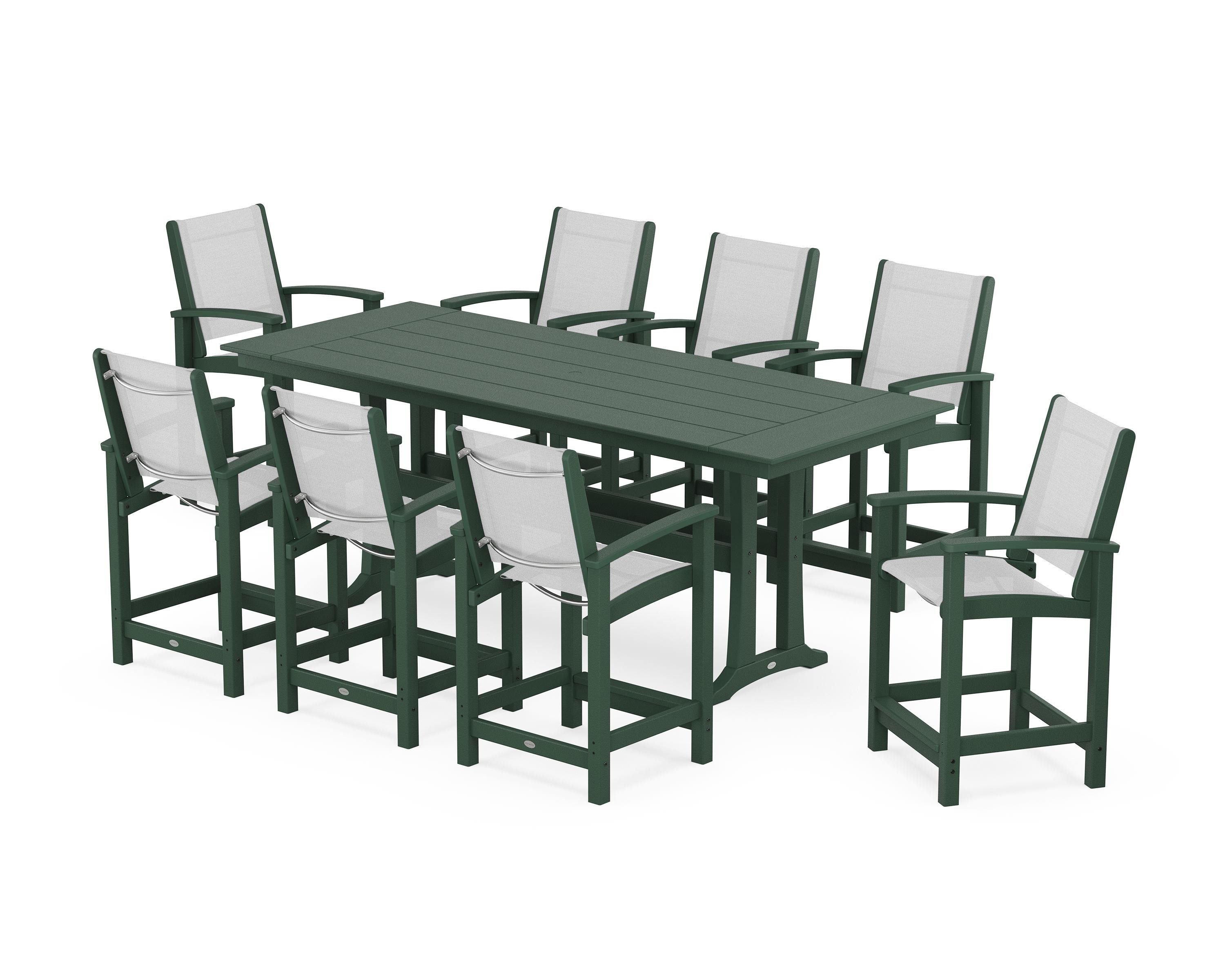 POLYWOOD® Coastal 9-Piece Farmhouse Counter Set with Trestle Legs in Green / White Sling