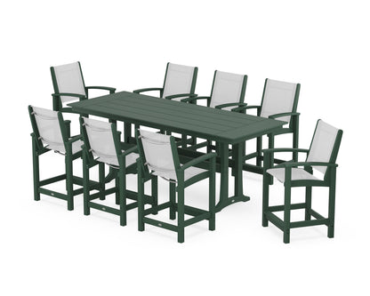 POLYWOOD® Coastal 9-Piece Farmhouse Counter Set with Trestle Legs in Green / White Sling