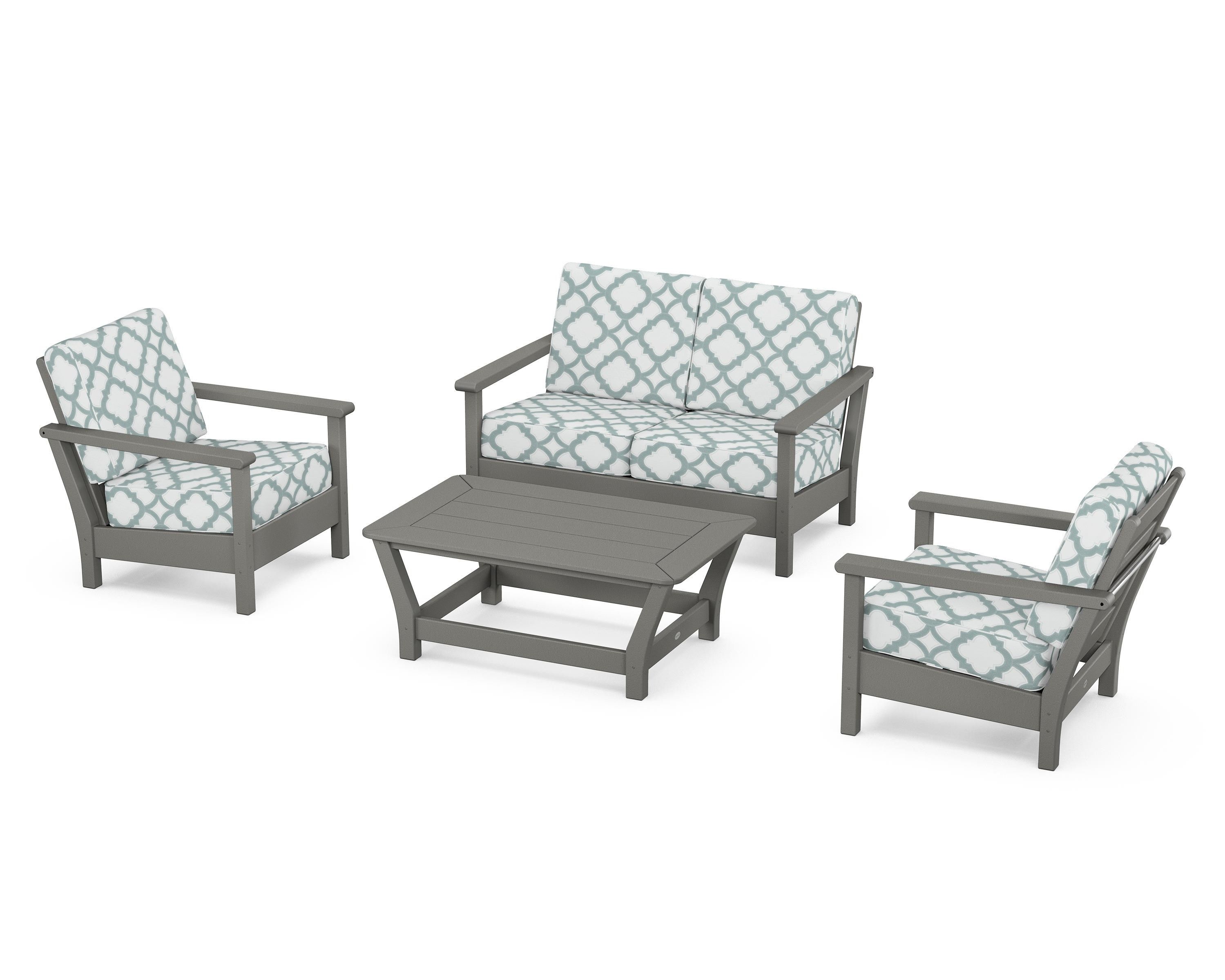 POLYWOOD® Harbour 4-Piece Deep Seating Set in Slate Grey / Trellis Glacier Spa