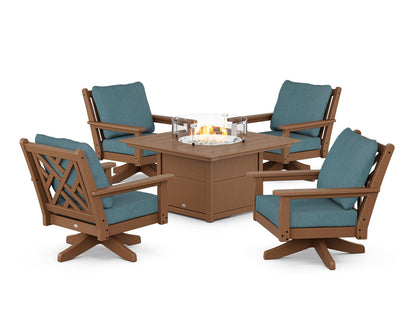 POLYWOOD® Chippendale 5-Piece Deep Seating Swivel Conversation Set with Fire Pit Table in Teak / Ocean Teal