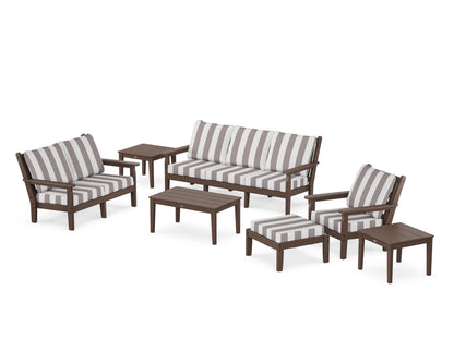 POLYWOOD® Chippendale 7-Piece Deep Seating Set in Mahogany / Cabana Stripe Grey Mist