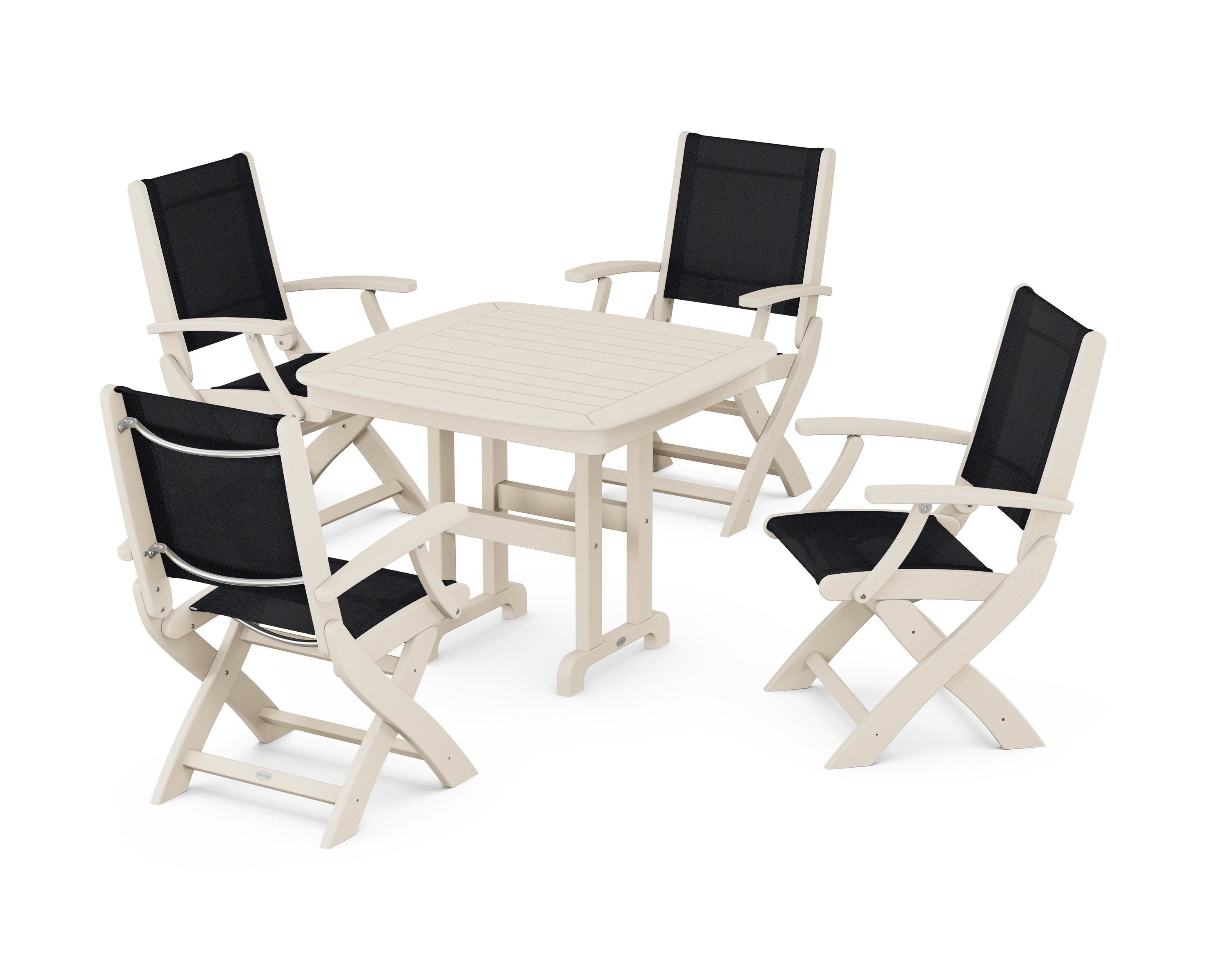 POLYWOOD® Coastal Folding Chair 5-Piece Dining Set in Sand / Black Sling