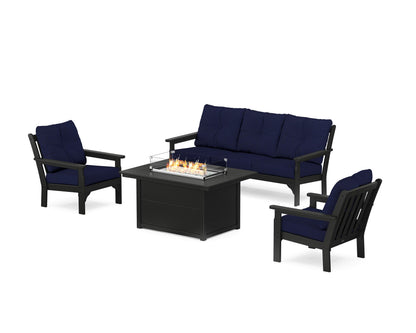POLYWOOD® Vineyard Deep Seating Fire Pit Table Set in Black / Navy