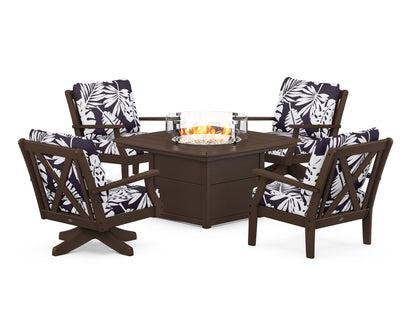 POLYWOOD® Braxton 5-Piece Deep Seating Set with Fire Table in Mahogany / Leaf Navy