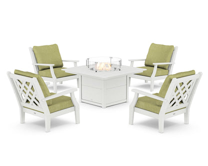 Country Living Wovendale 5-Piece Deep Seating Set with Fire Pit Table in White / Chartreuse Boucle