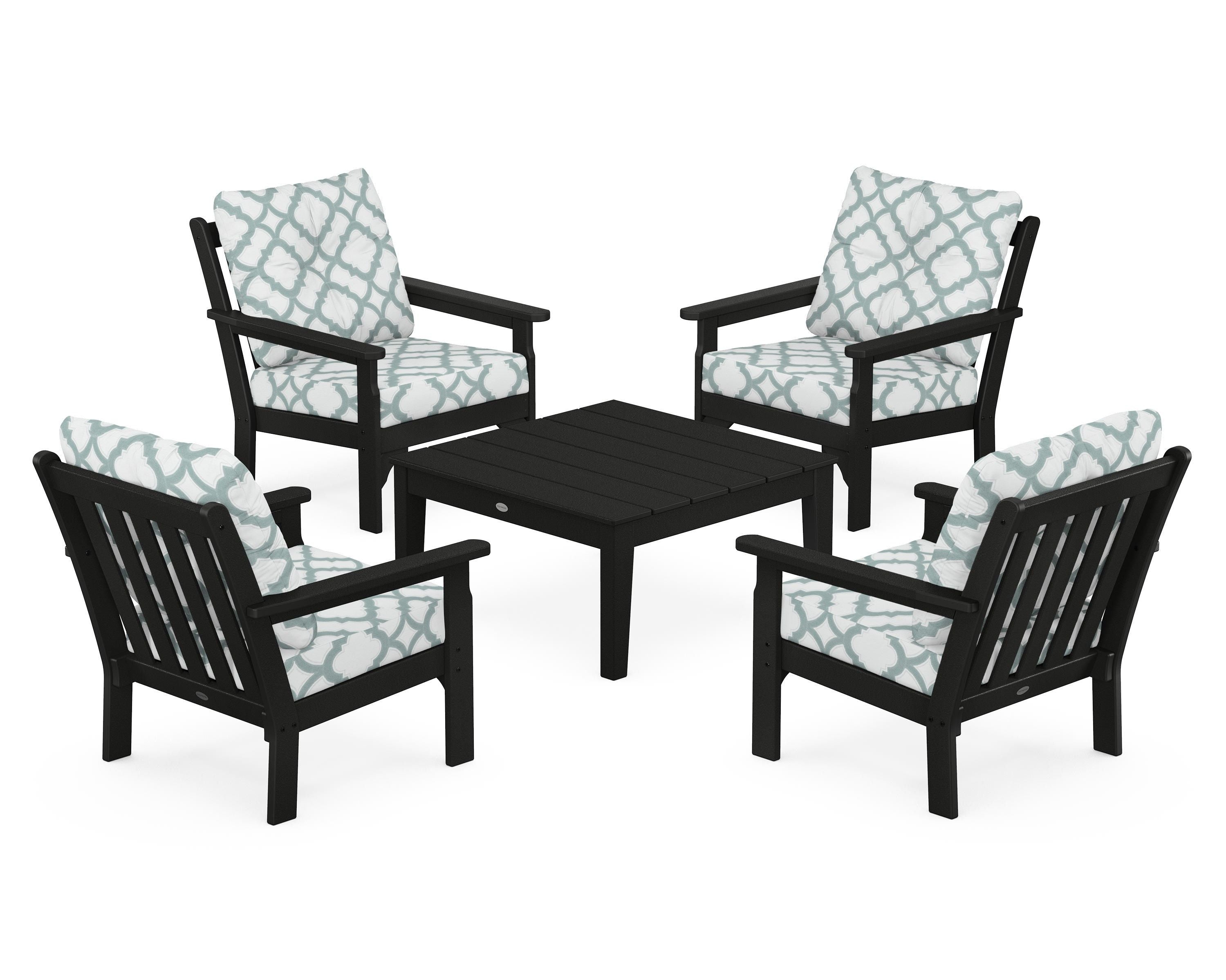 POLYWOOD® Vineyard 5-Piece Deep Seating Conversation Set in Black / Trellis Glacier Spa