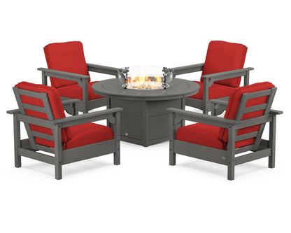 POLYWOOD® Club 5-Piece Conversation Set with Fire Pit Table in Slate Grey / Crimson Linen