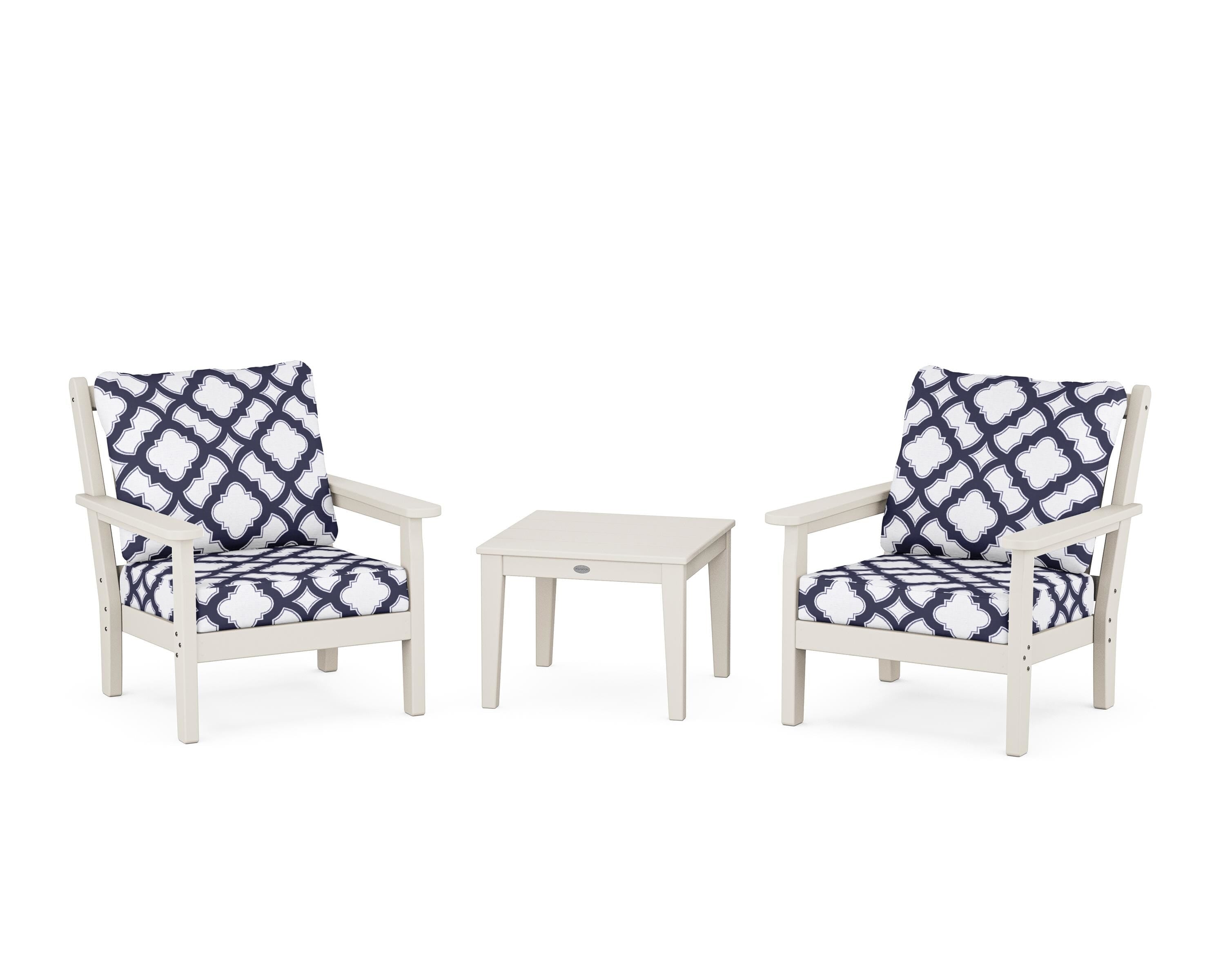 POLYWOOD® Chippendale 3-Piece Deep Seating Set in Sand / Trellis Navy