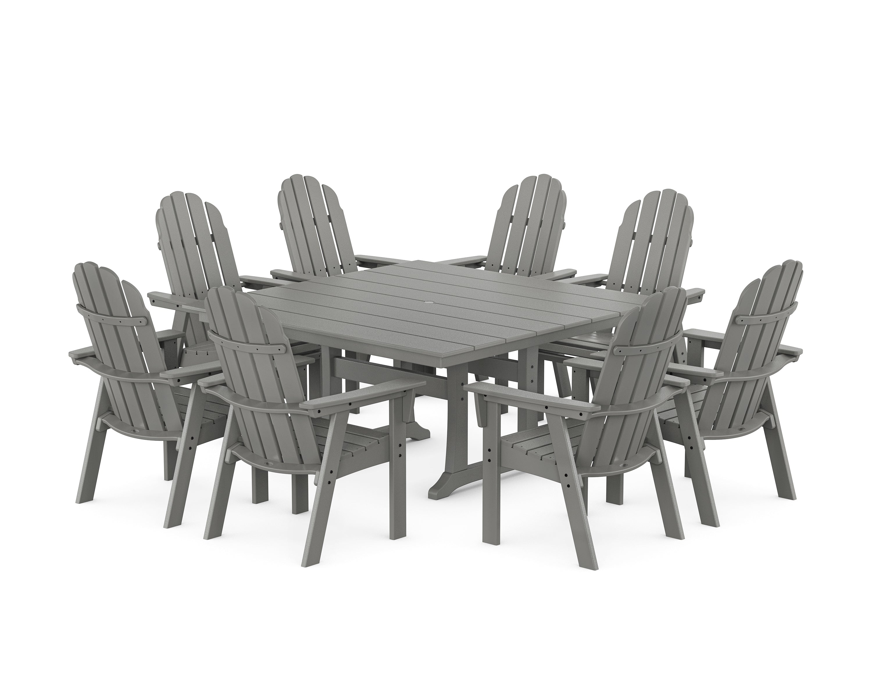 POLYWOOD® Vineyard Curveback Adirondack 9-Piece Square Farmhouse Dining Set with Trestle Legs in Slate Grey
