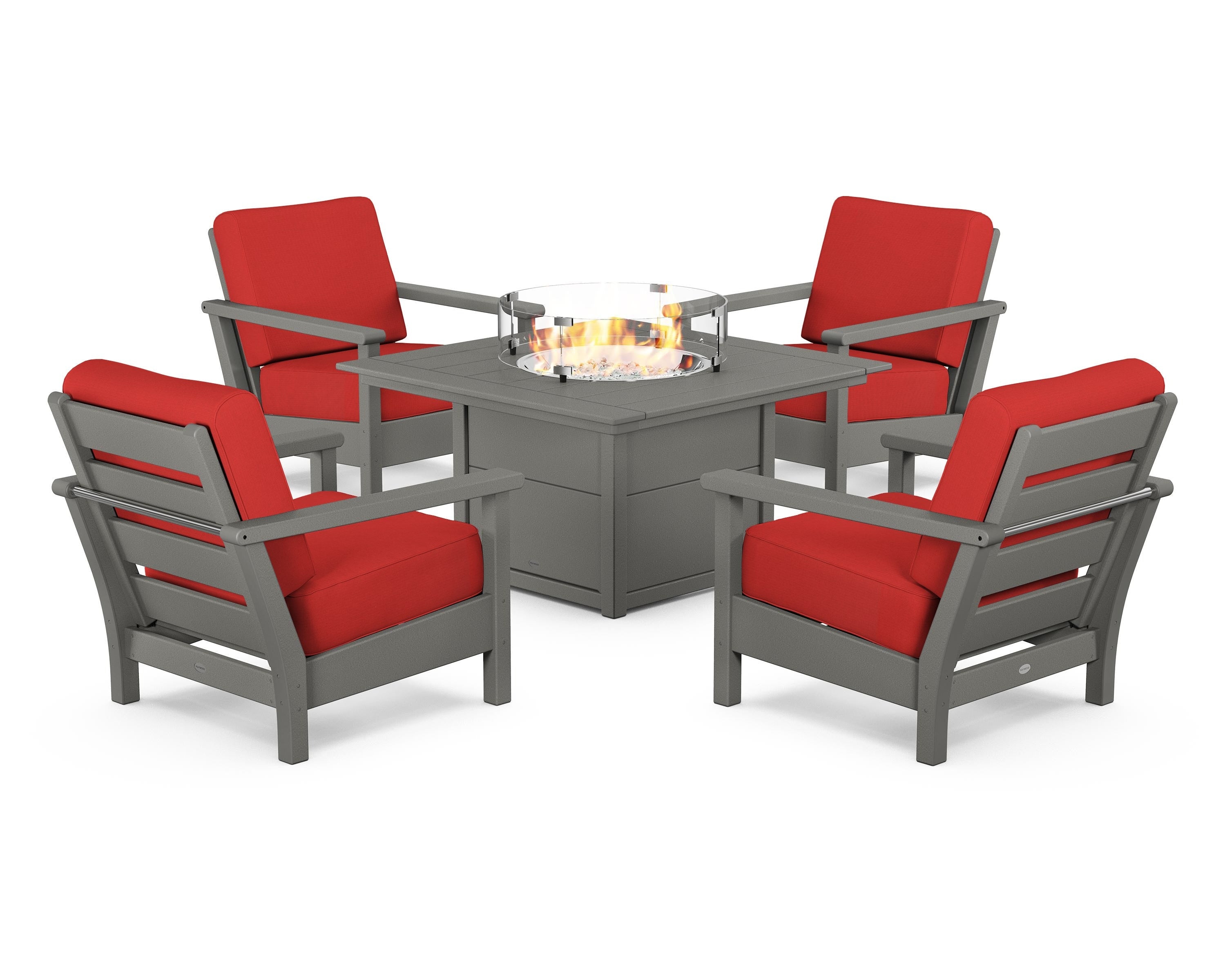POLYWOOD® Harbour 5-Piece Conversation Set with Fire Pit Table in Slate Grey / Crimson Linen
