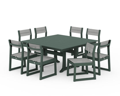 POLYWOOD® EDGE Sling Side Chair 9-Piece Farmhouse Trestle Dining Set in Green / Metallic Sling