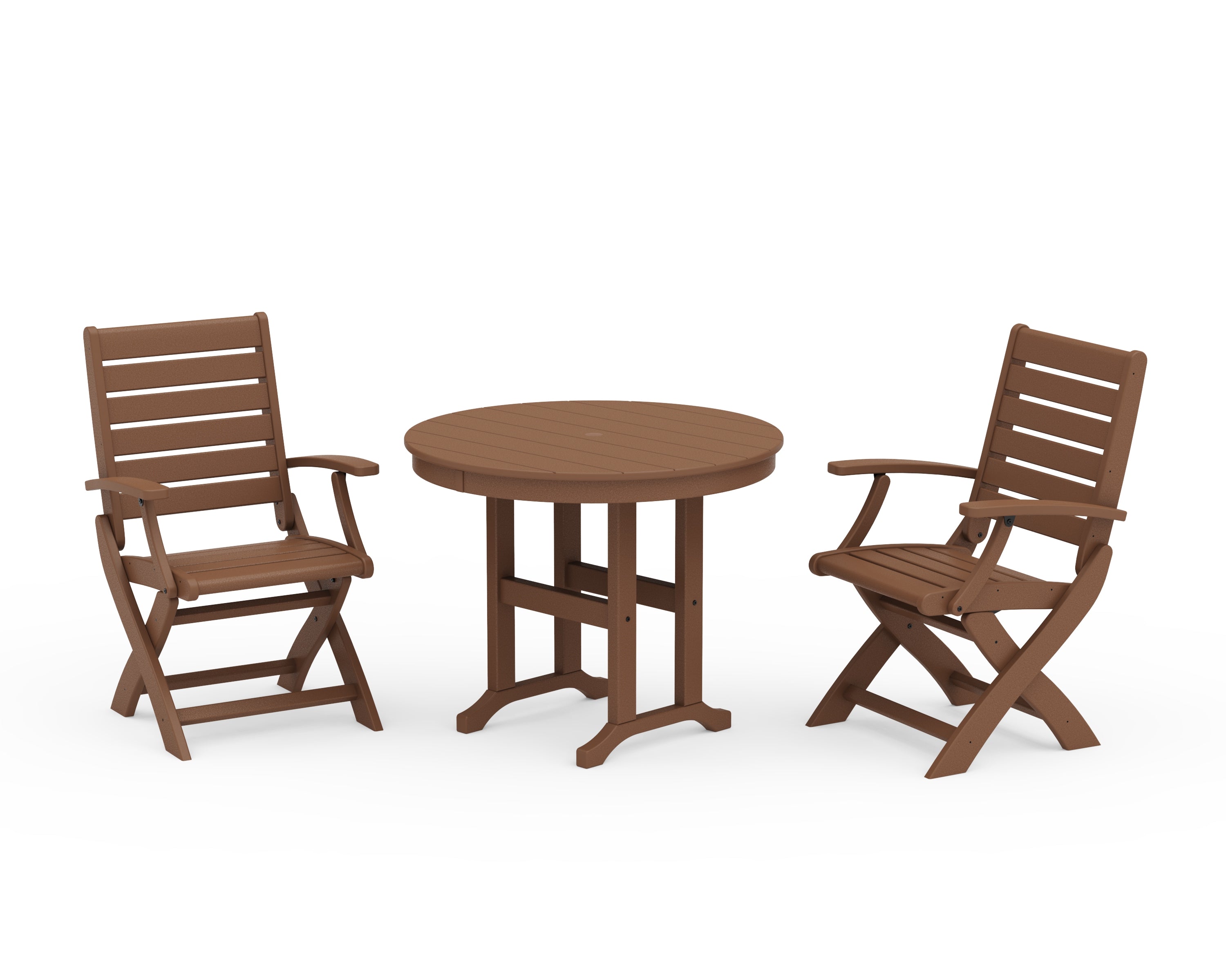 POLYWOOD® Signature Folding Chair 3-Piece Round Farmhouse Dining Set in Teak