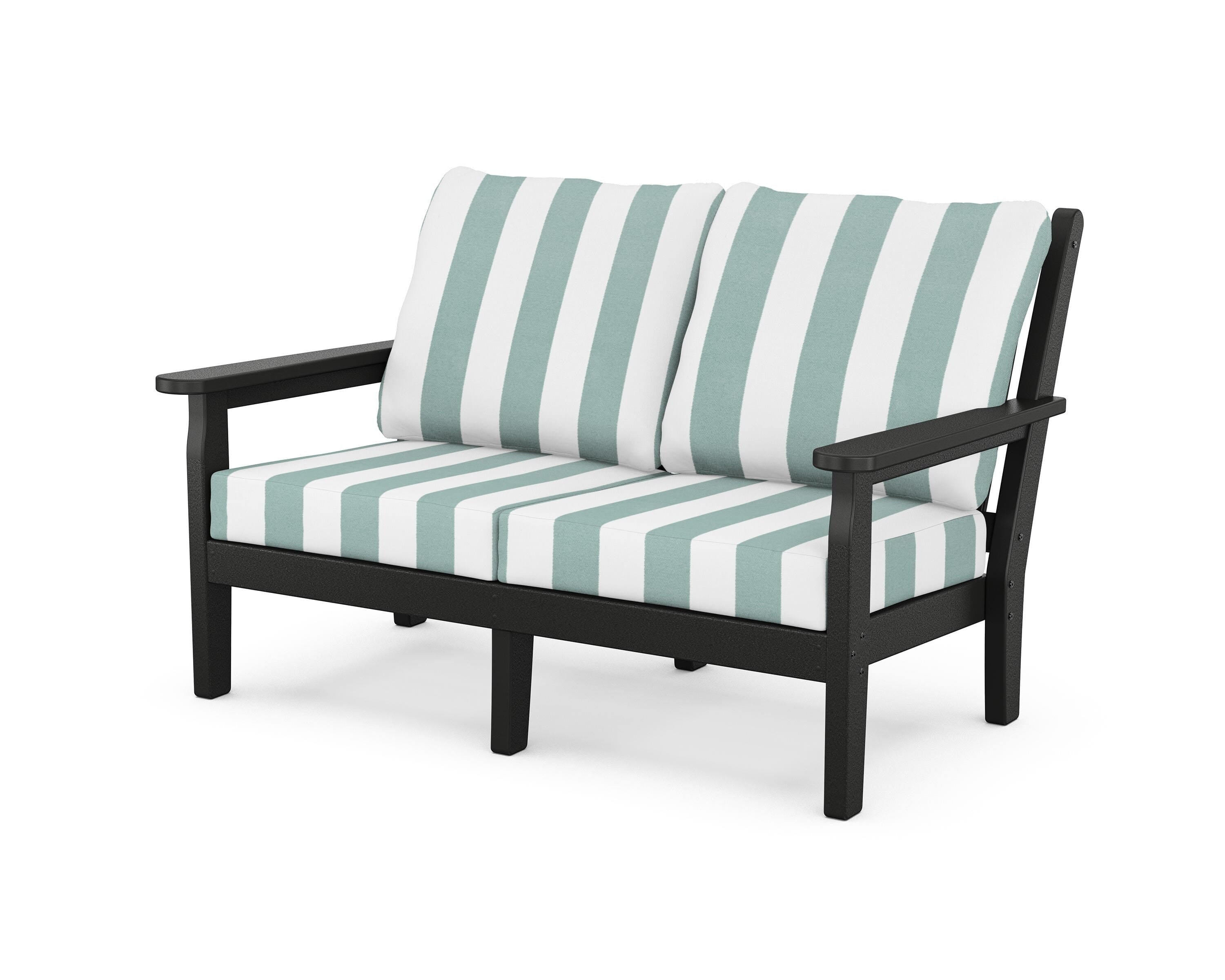 POLYWOOD® Chippendale Deep Seating Loveseat in Black / Cabana Stripe Glacier Spa