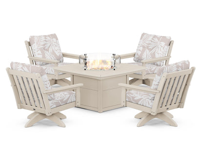 POLYWOOD® Vineyard 5-Piece Deep Seating Swivel Conversation Set with Fire Pit Table in Sand / Leaf Dune Burlap