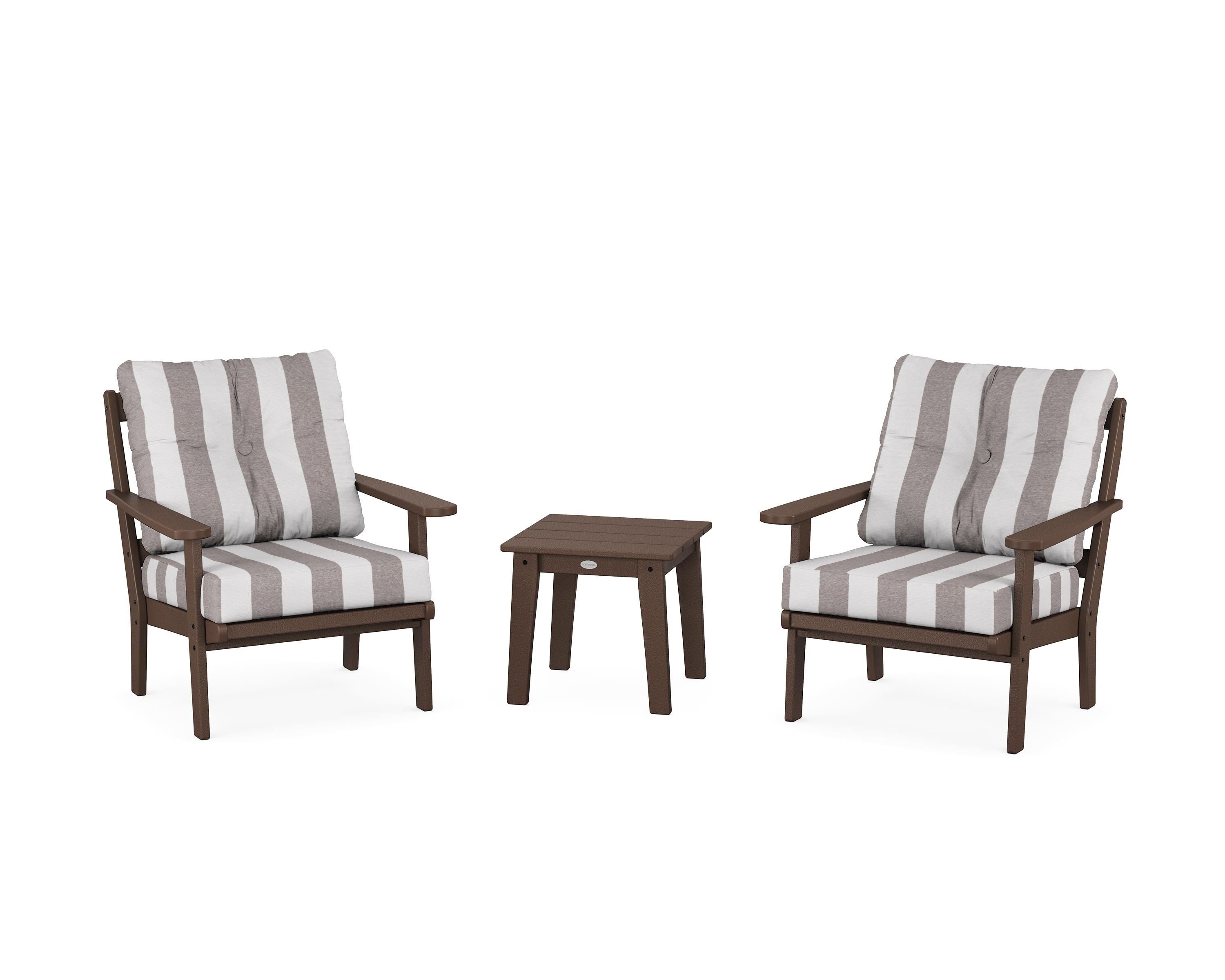 POLYWOOD® Mission 3-Piece Deep Seating Set in Mahogany / Cabana Stripe Grey Mist