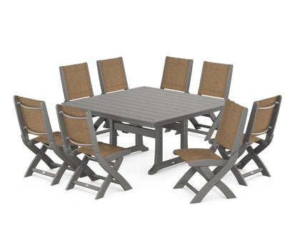 POLYWOOD® Coastal Folding Side Chair 9-Piece Dining Set with Trestle Legs in Slate Grey / Burlap Sling