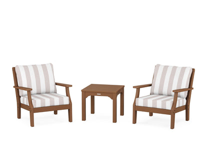 Martha Stewart by POLYWOOD® Chinoiserie 3-Piece Deep Seating Set in Teak / Cabana Stripe Dune Burlap