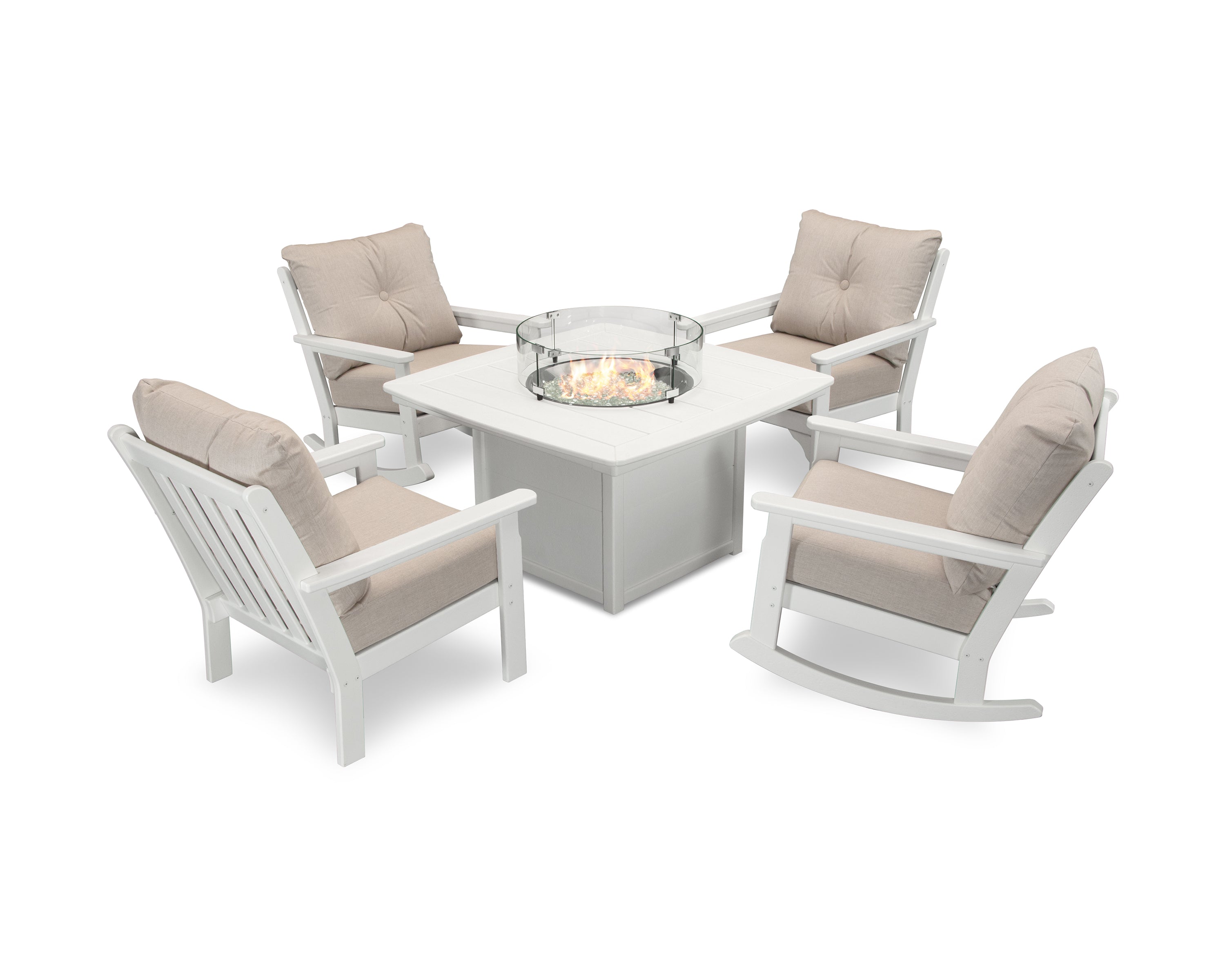 POLYWOOD® Vineyard 5-Piece Deep Seating Rocking Chair Conversation Set with Fire Pit Table in White / Cast Ash