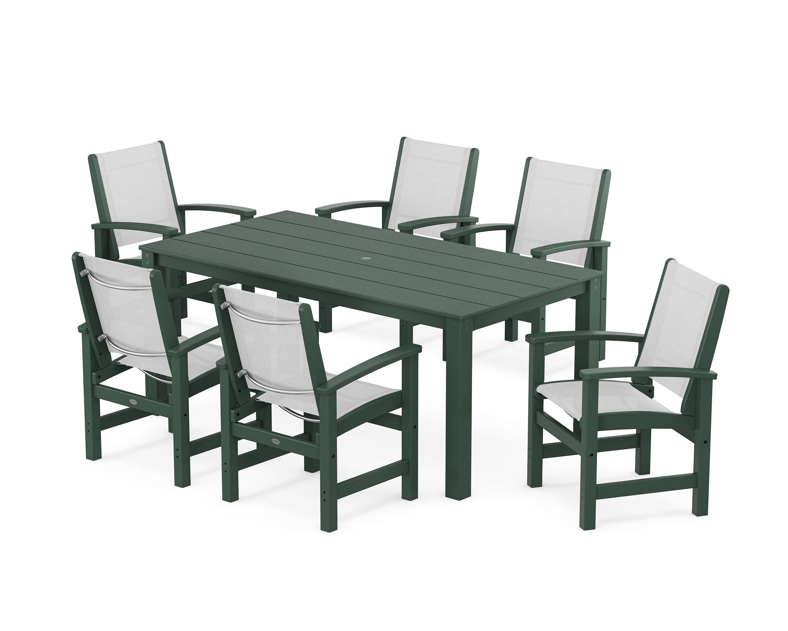 POLYWOOD® Coastal 7-Piece Parsons Dining Set in Green / White Sling