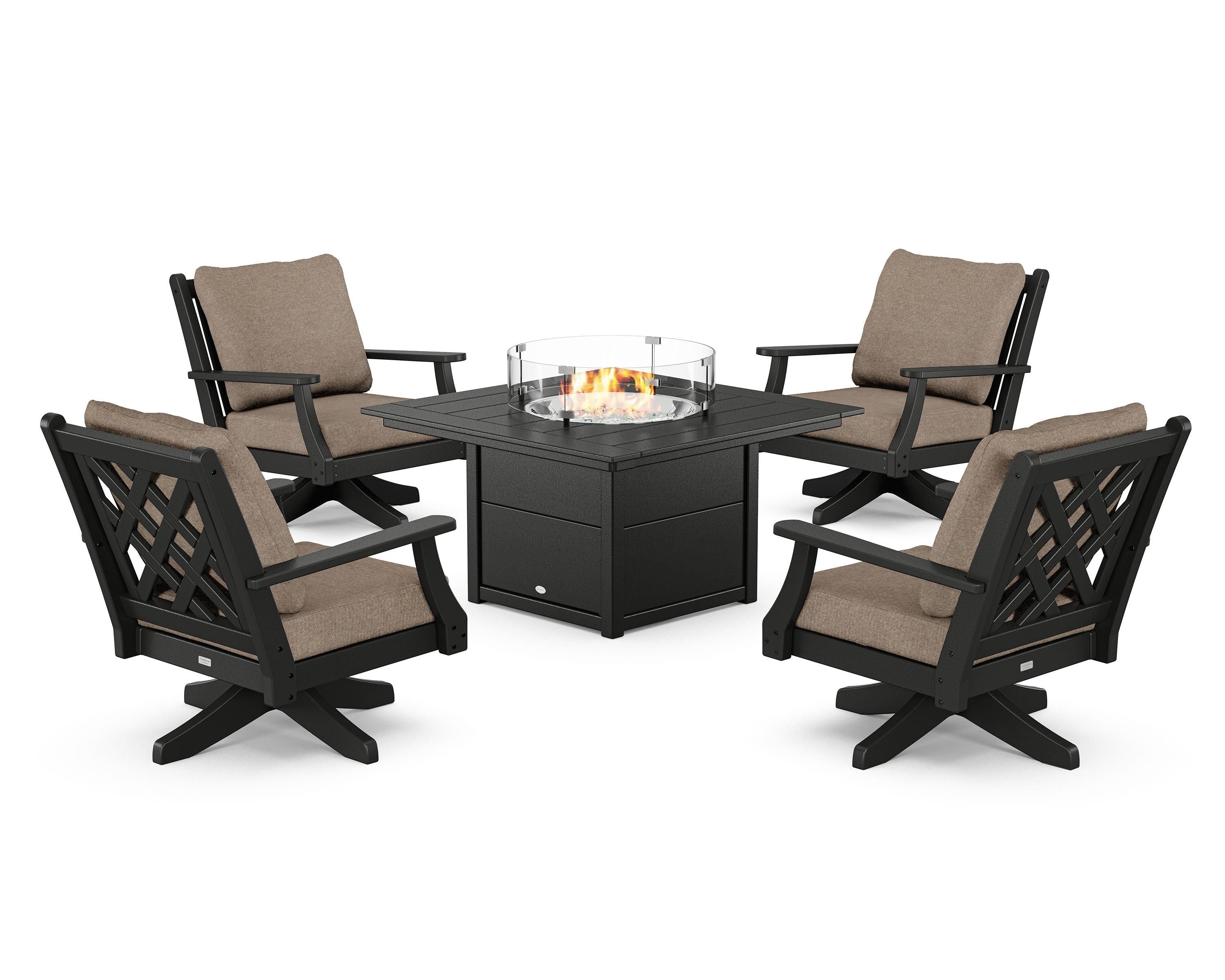 Country Living Wovendale 5-Piece Deep Seating Swivel Conversation Set with Fire Pit Table in Black / Spiced Burlap