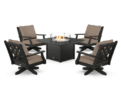 Country Living Wovendale 5-Piece Deep Seating Swivel Conversation Set with Fire Pit Table in Black / Spiced Burlap
