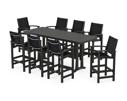 POLYWOOD® Coastal 9-Piece Farmhouse Bar Set with Trestle Legs in Black / Black Sling