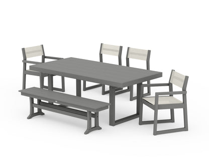 POLYWOOD® EDGE Sling 6-Piece Dining Set with Bench in Slate Grey / Parchment Sling