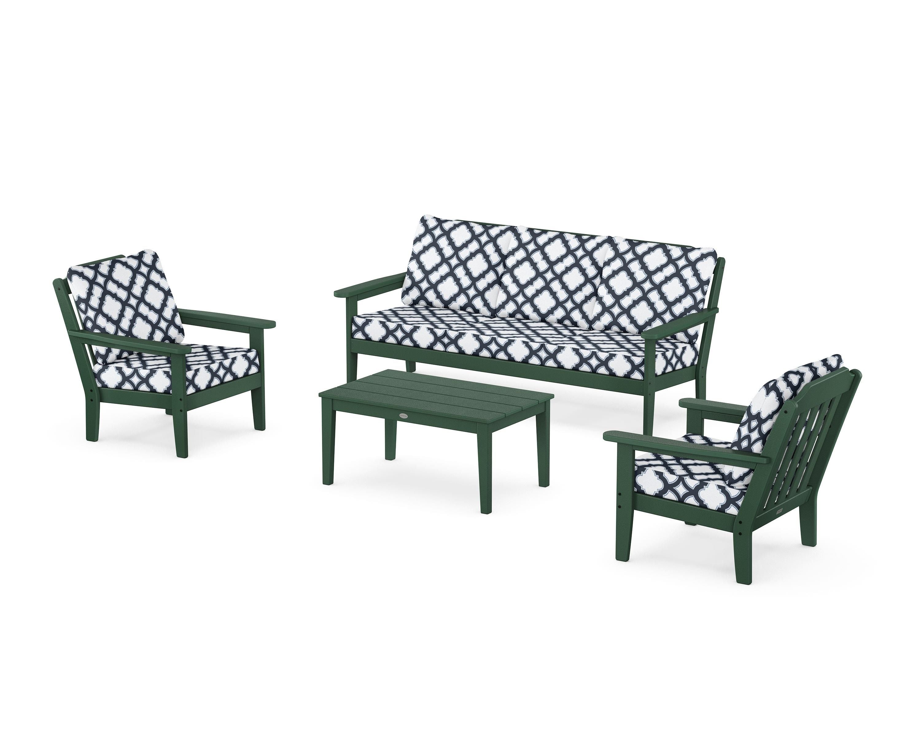 Country Living Cottage 4-Piece Deep Seating Set with Sofa in Green / Trellis Marine Indigo